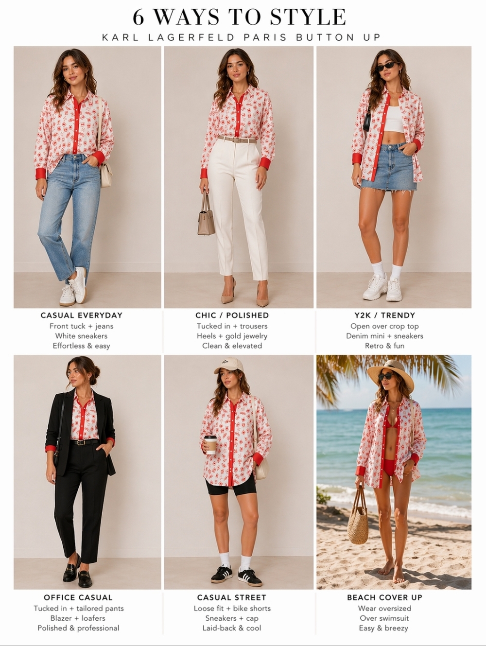 Karl Lagerfeld White Button Up Shirt with Red Stamp Print and Red Trim Size M